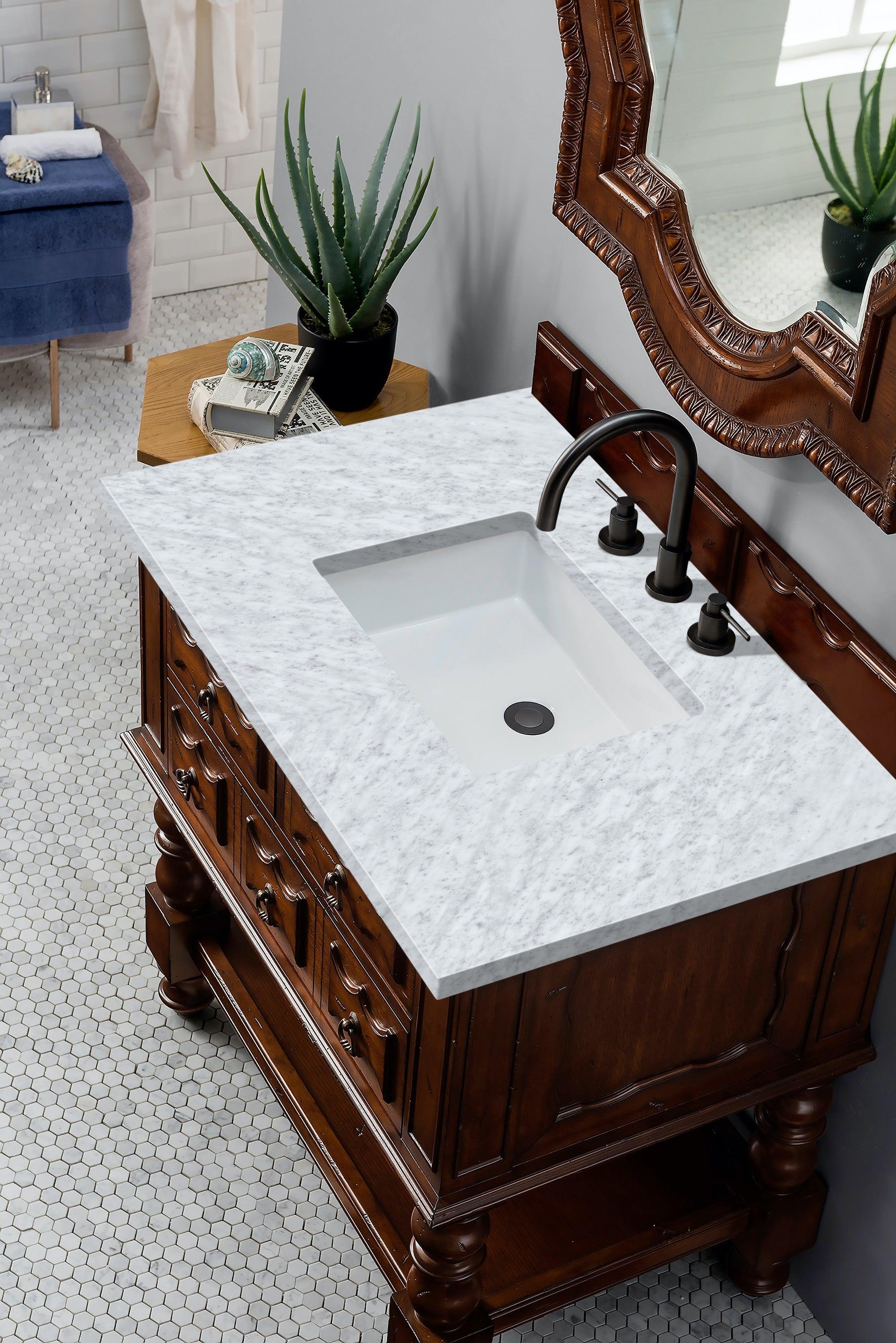 JMV Castilian 36 inch vanity aged cognac with white carrara marble countertop 