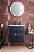 JMV Linden 24 inch single vanity navy blue with glossy white composite stone countertop